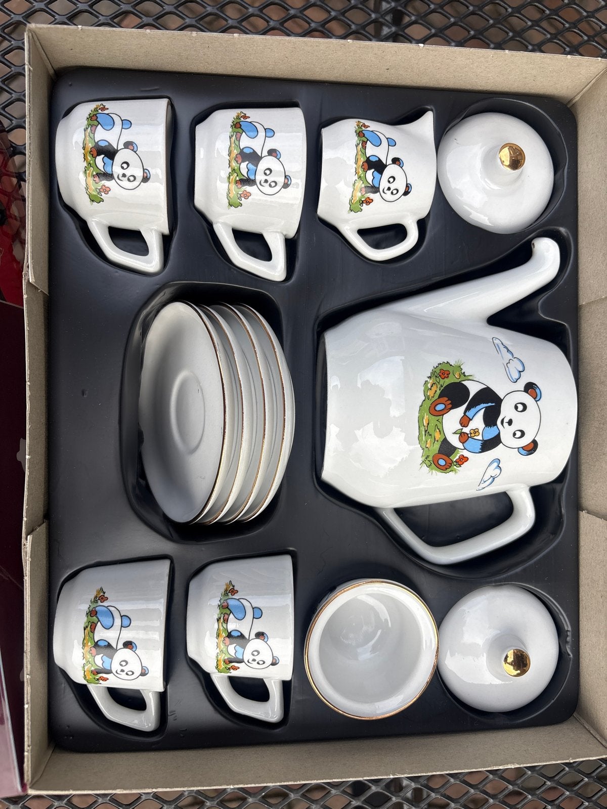 Panda theeservies - 6 kopjes, theepot, suikerpot, melkkan, Ophalen, Keramiek, Zo goed als nieuw, Modern