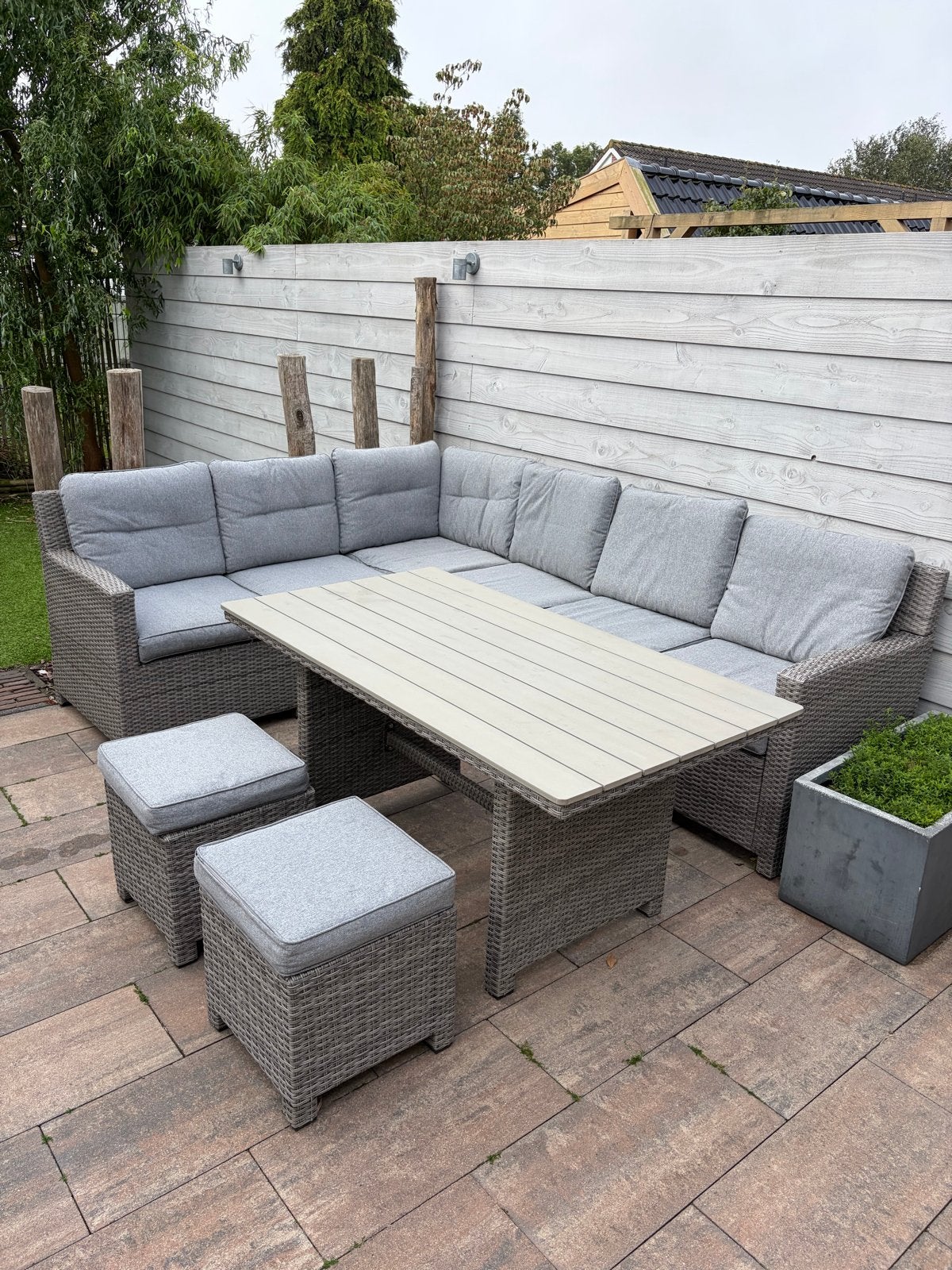 Luxe Wicker Loungeset met Eettafel en Hocker, Tuin en Terras, Gebruikt, Meer dan 8 zitplaatsen, Ophalen of Verzenden, Loungeset