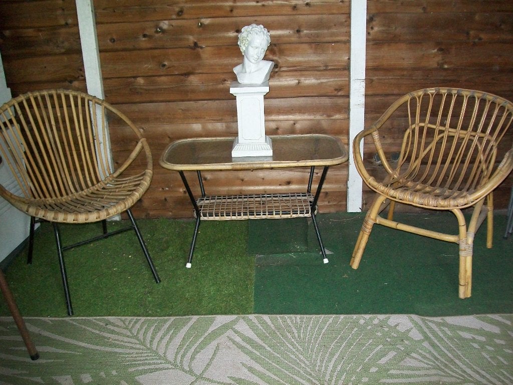vintage rotan stoelen +salontafeltje, Ophalen, Gebruikt, Bruin, Riet of Rotan