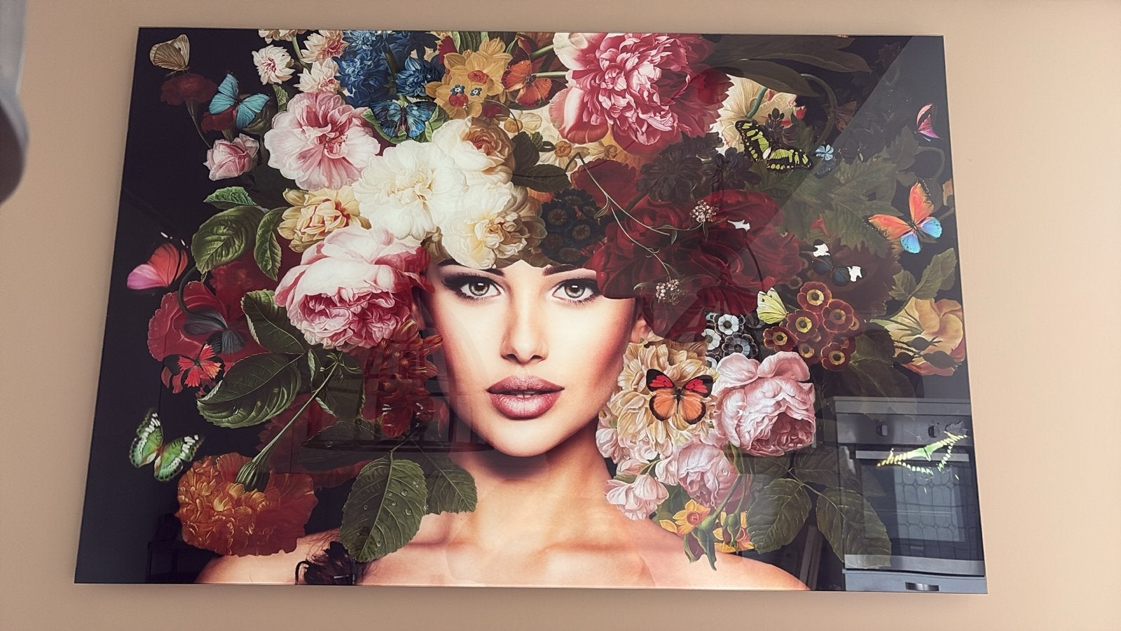 Schilderij Vrouw met Bloemen en Vlinders 120x80 cm, Ophalen, Print, Overige materialen, Op houten frame