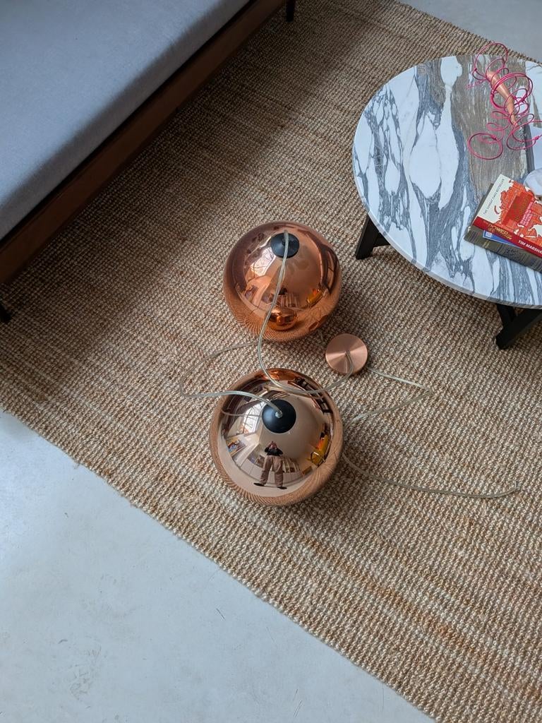 2x Koperkleurige Hanglampen 25cm - Tom Dixon Look-alikes, Ophalen of Verzenden, Zo goed als nieuw, Metaal, Minder dan 50 cm