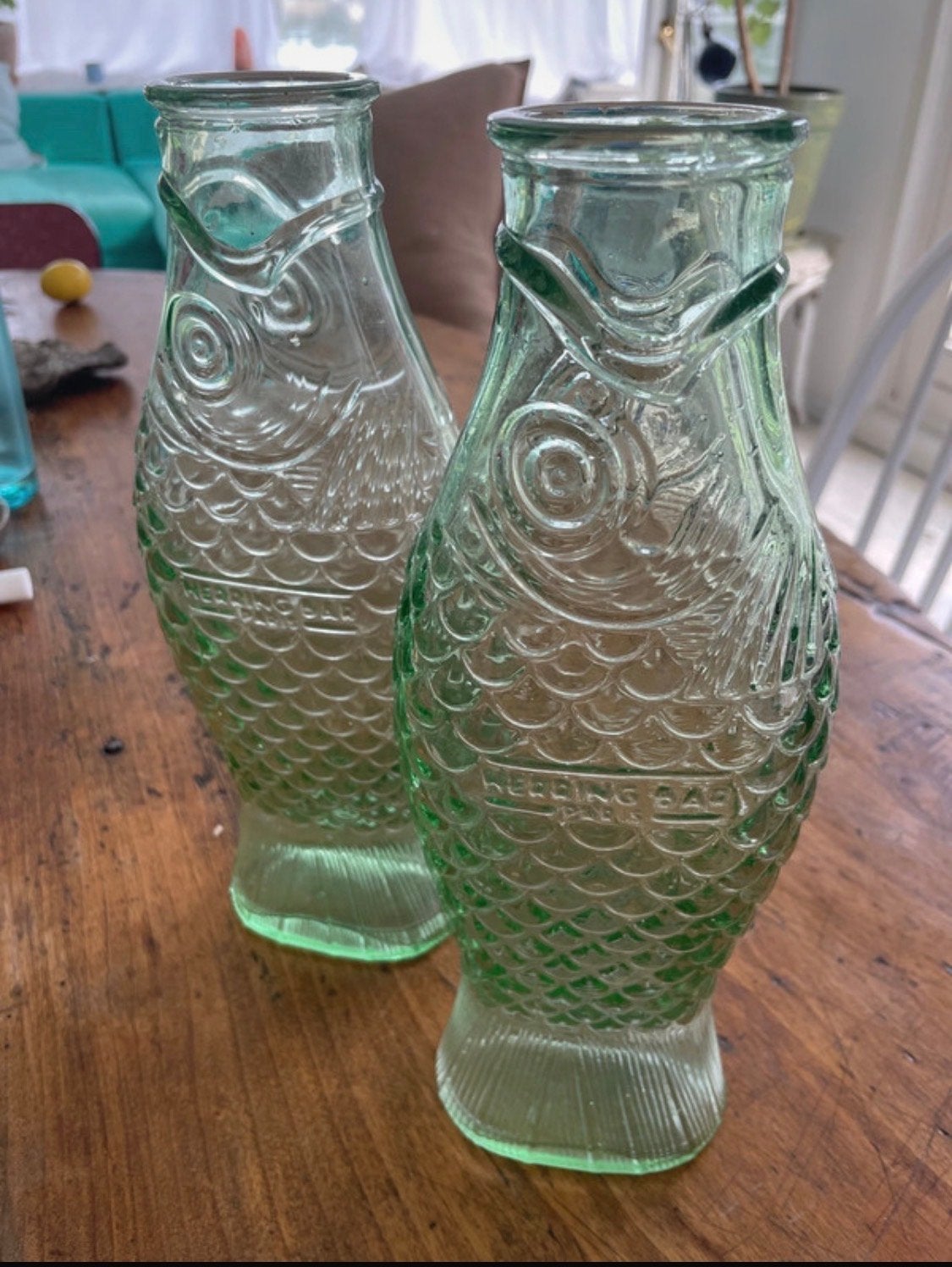 Serax Groene Glazen karaf set vissen (2 stuks), Antiek en Kunst, Ophalen of Verzenden