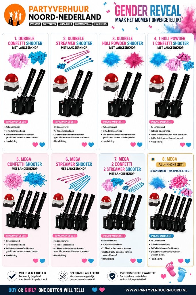 Gender Reveal Shooters te huur, Hobby en Vrije tijd, Feestartikelen | Verhuur, Ophalen of Verzenden, Geboorte of Huwelijk