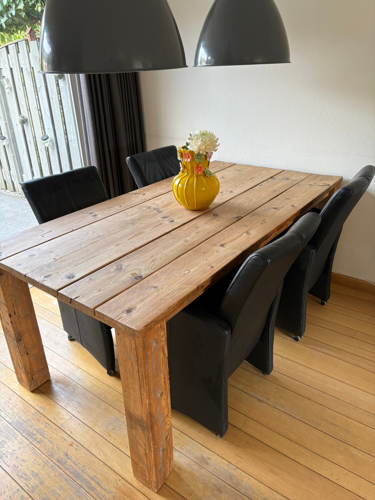 Lederen eetkamer stoelen plus steigerhouten eettafel, Ophalen, Gebruikt, 50 tot 100 cm, 150 tot 200 cm