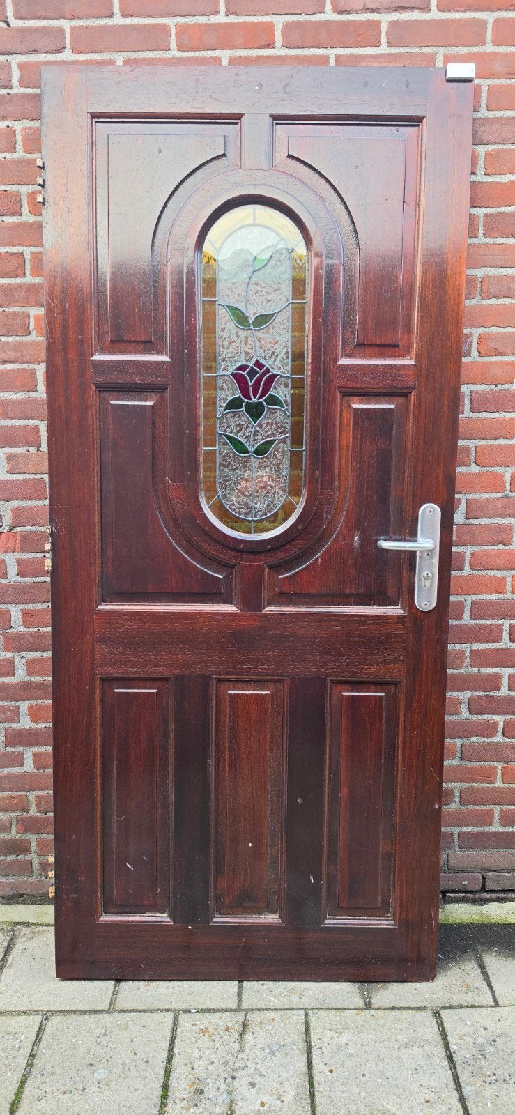 zware hardhouten Merbau voordeur met glas in lood., Ophalen, Gebruikt, 200 tot 215 cm, Glas