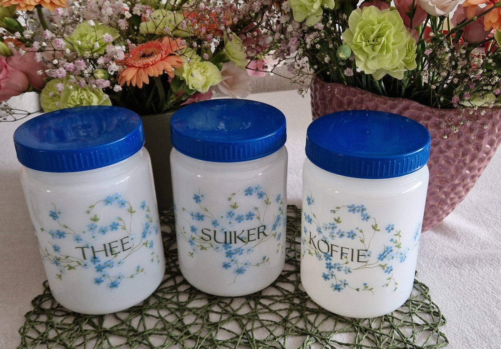 Vintage voorraadpotten set - Koffie, Thee, Suiker, Overige typen, Ophalen of Verzenden, Overige stijlen, Glas