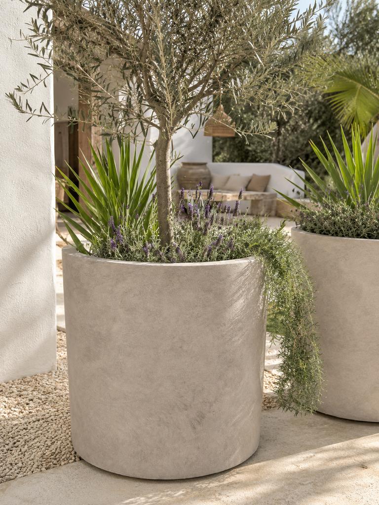 Grote bloempotten - creme - ibiza style, Ophalen, Steen, 40 cm of meer, Rond