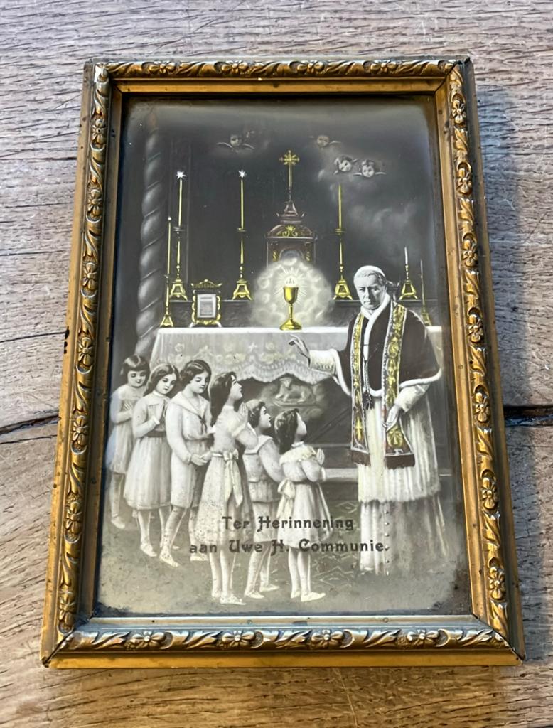 Lijst met religieuze afbeelding - prent H. Communie, Ophalen of Verzenden