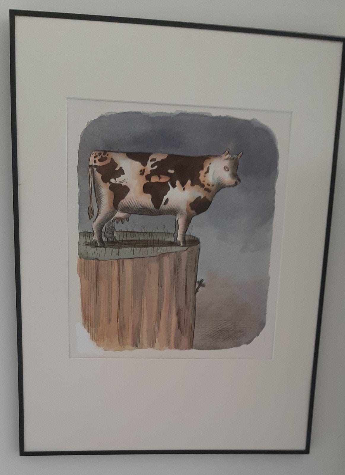 Unieke aquarel: Koe met wereldkaartpatroon, 60x45cm, Antiek en Kunst, Ophalen