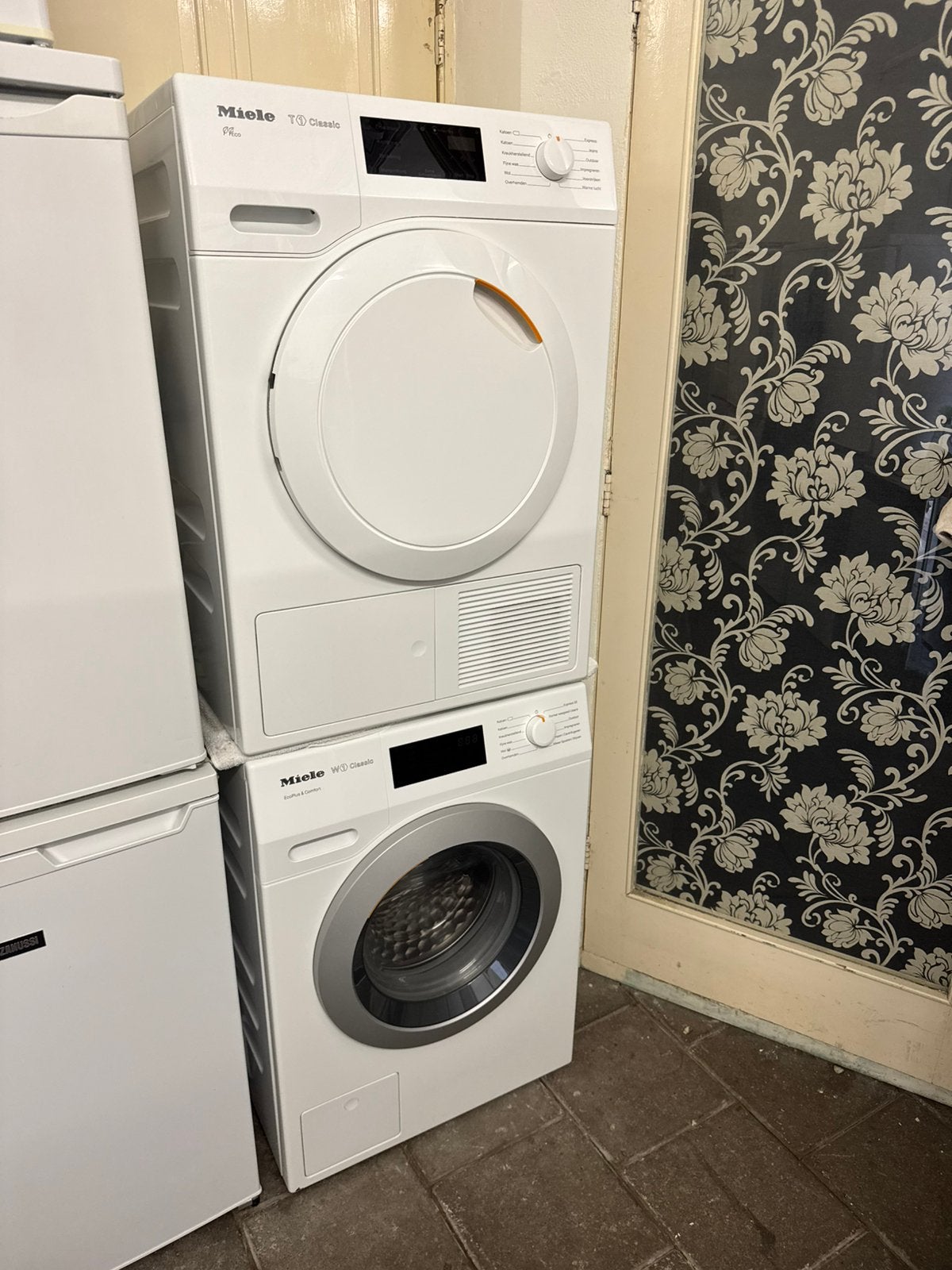 Setje Miele W1 Wasmachine & T1 Warmtepompdroger |Werken Goed, Witgoed en Apparatuur, Ophalen, Gebruikt, Minder dan 85 cm, Voorlader