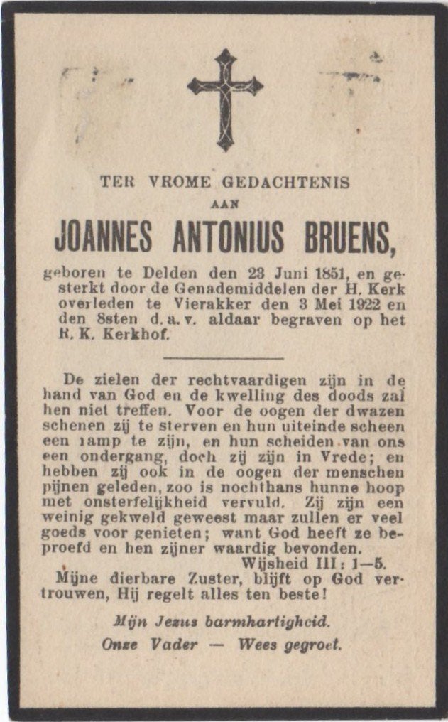 Joannes A. Bruens 1851 Delden + 1922 Vierakker, 70 jaar oud, Ophalen of Verzenden