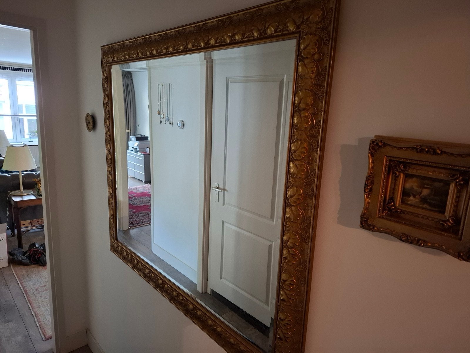 Grote spiegel met gouden barokke lijst, Ophalen, Rechthoekig, 100 tot 150 cm, 100 tot 150 cm