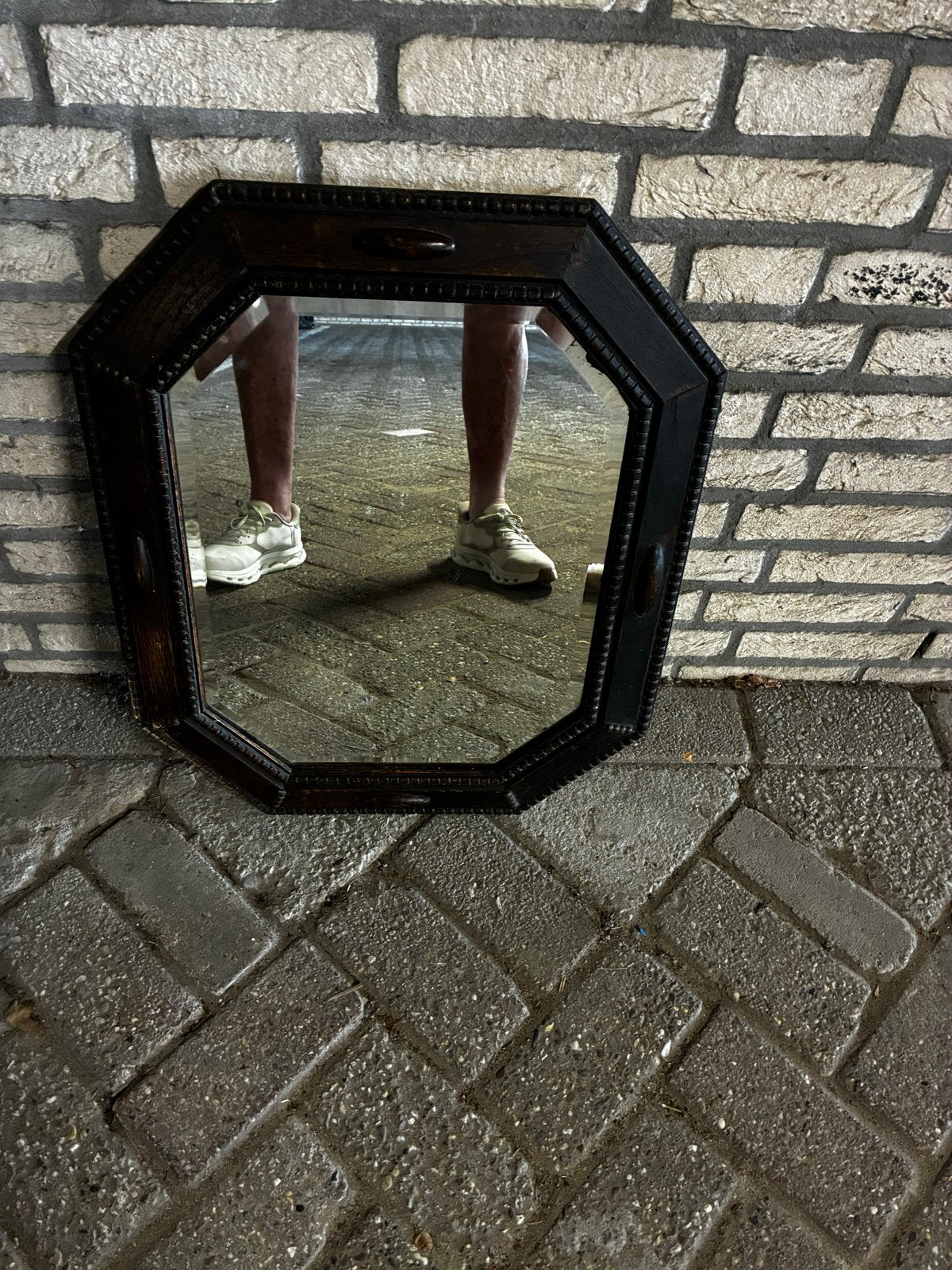 Antieke spiegel met achthoekige lijst, Ophalen of Verzenden, Overige vormen, Minder dan 50 cm, Minder dan 100 cm