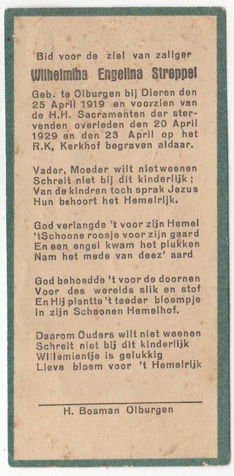 Wilhelmina E. Streppel 1919 - 1929 Olburgen bij Dieren, 9 jr, Verzenden