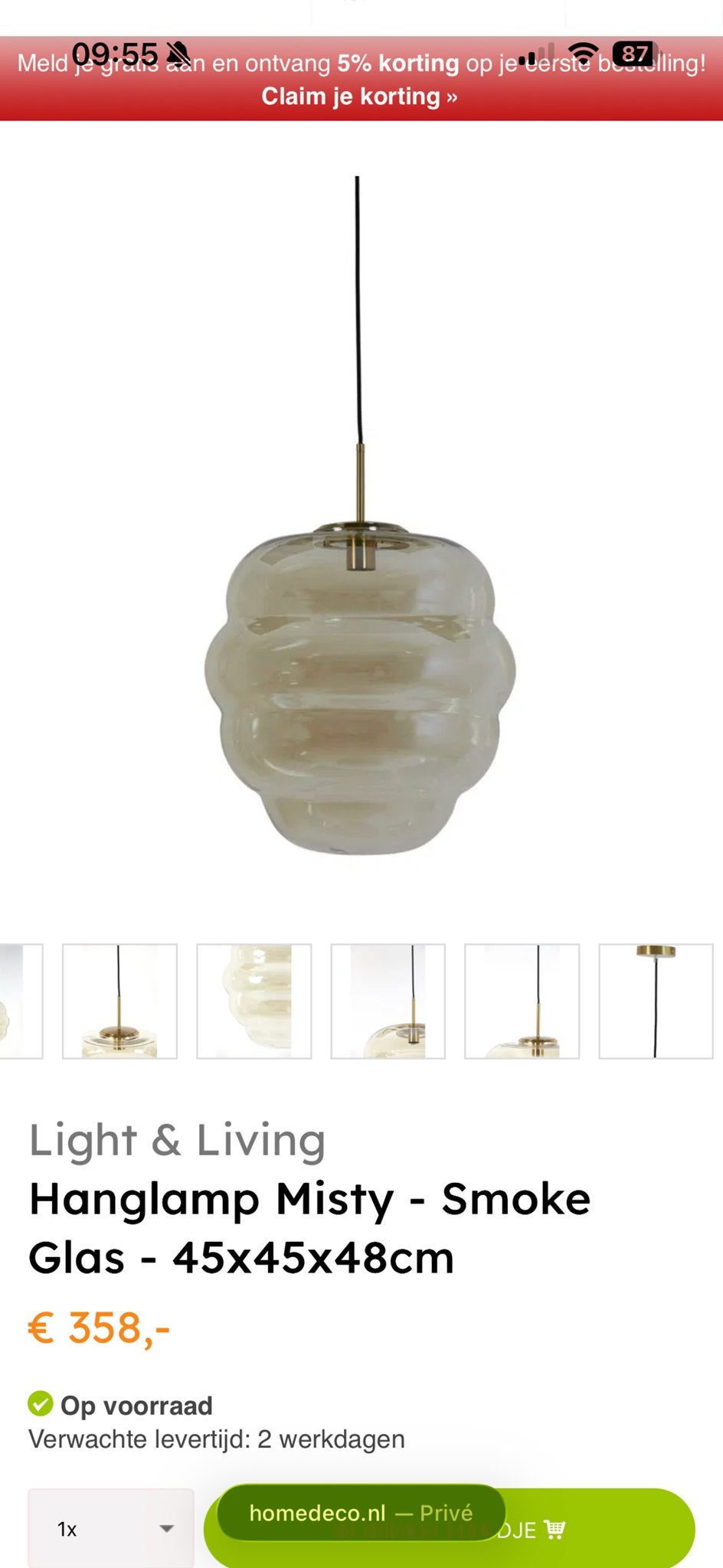 Light & Living Hanglamp Misty - Smoke Glas, Ophalen, Zo goed als nieuw, Glas, E27 (groot)