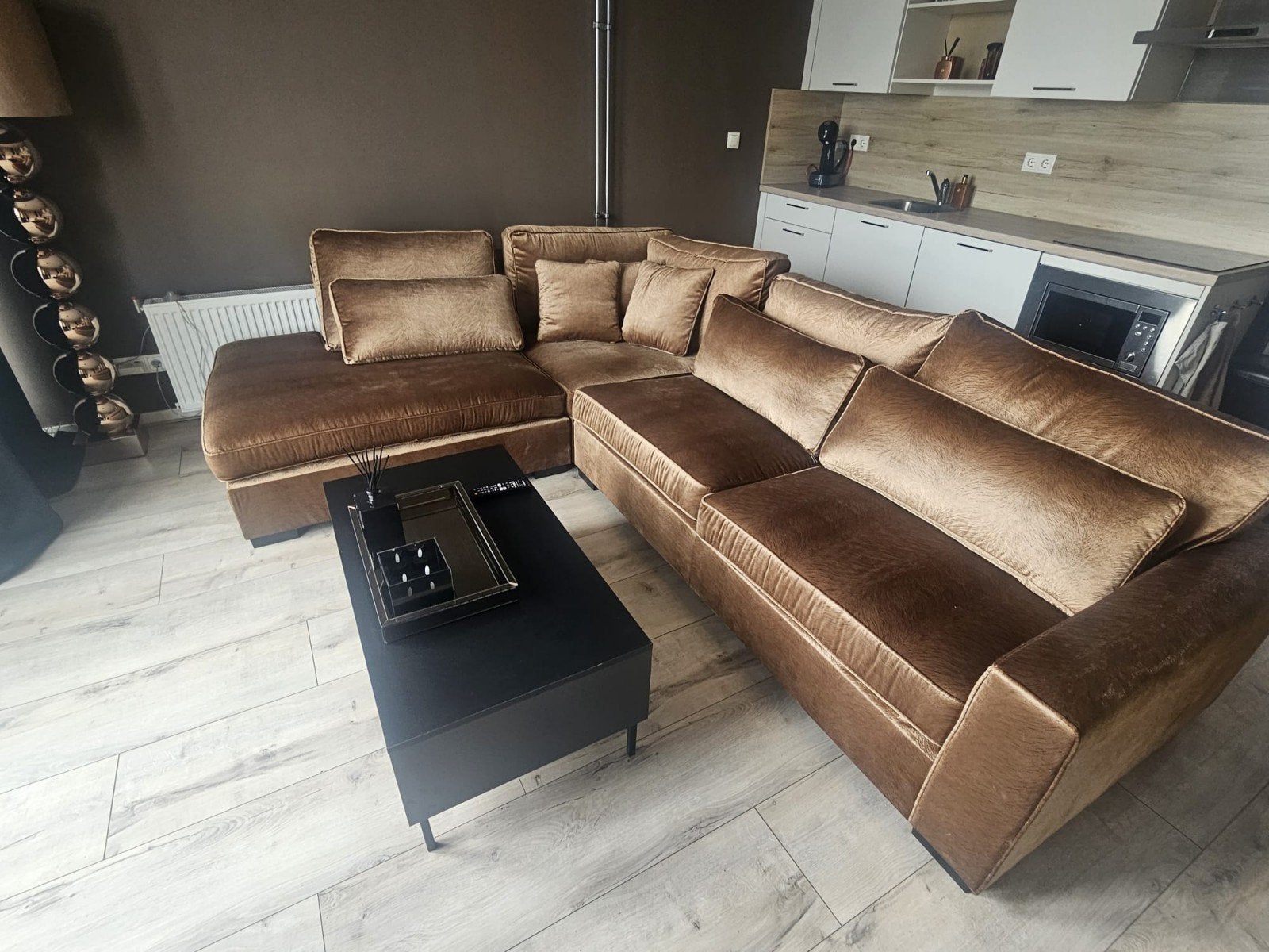 Hoekbank Brons Velvet  z.g.a.n. ( Eric Kuster ) 310x245cm, Ophalen, Zo goed als nieuw, Stof, Eric Kuster