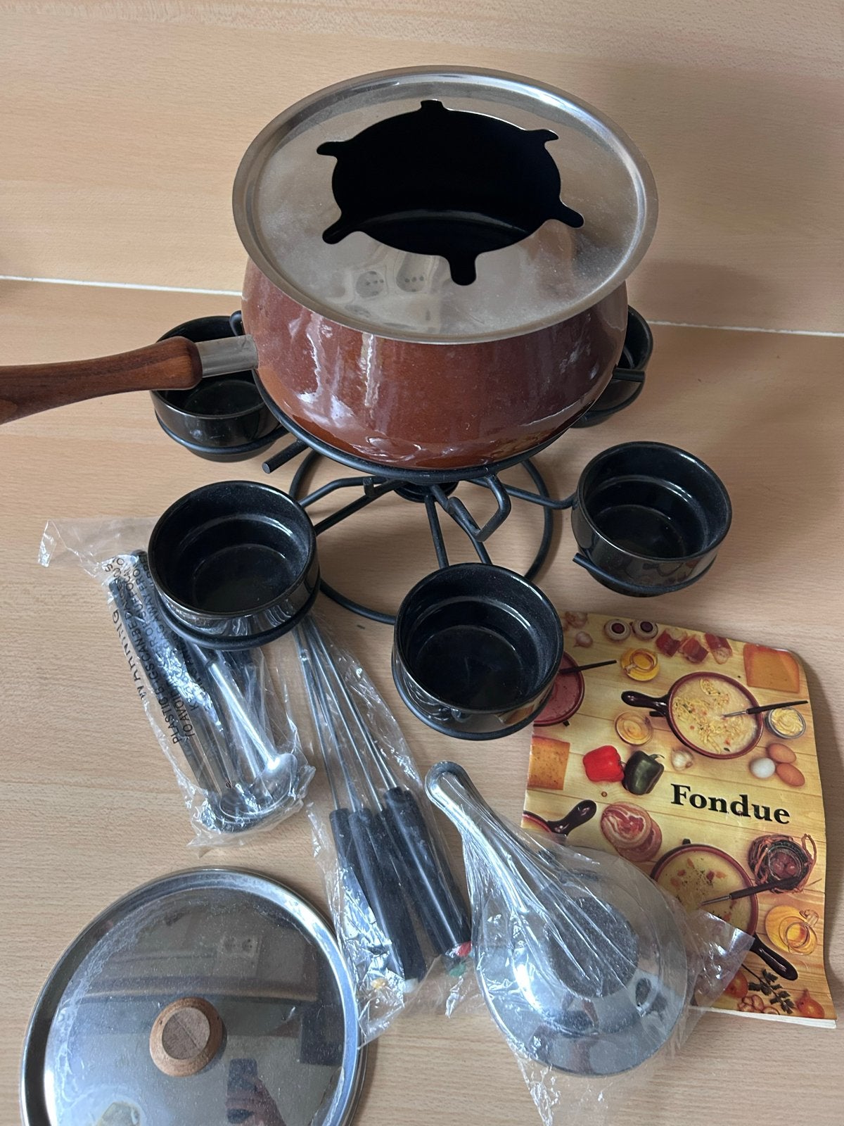 Fondueset met 6 vorkjes en schaaltjes vintage, Ophalen of Verzenden, Gebruikt, Brander, Fondueset