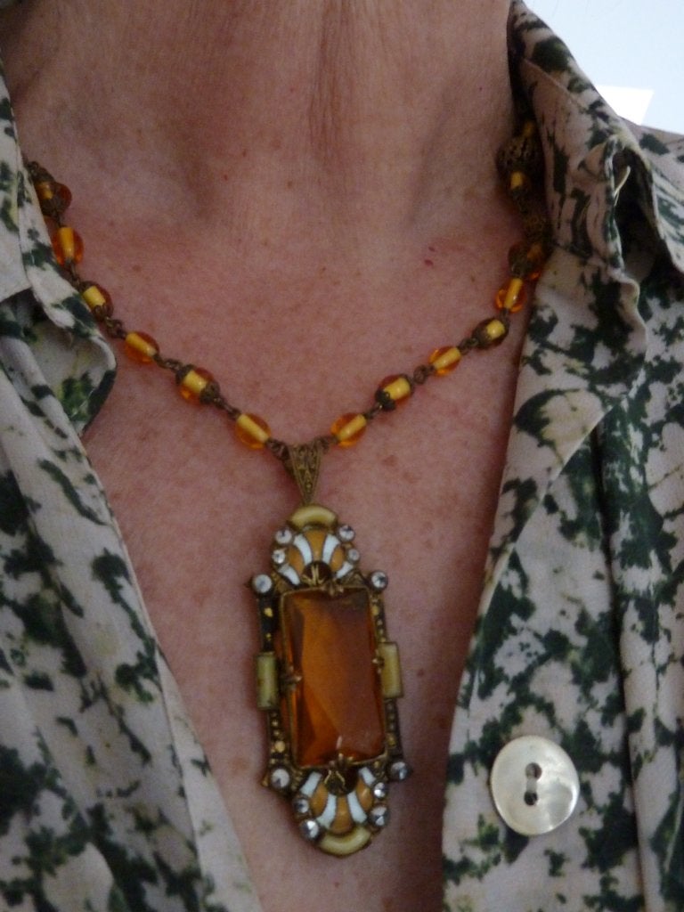 Art deco collier ca. 1920, handmade, glasparels + emaille, Verzenden, Overige materialen, Ketting