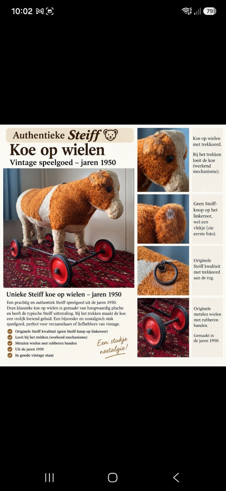 Vintage Steiff Koe op Wielen uit de Jaren '50 - Loeit!, Ophalen of Verzenden