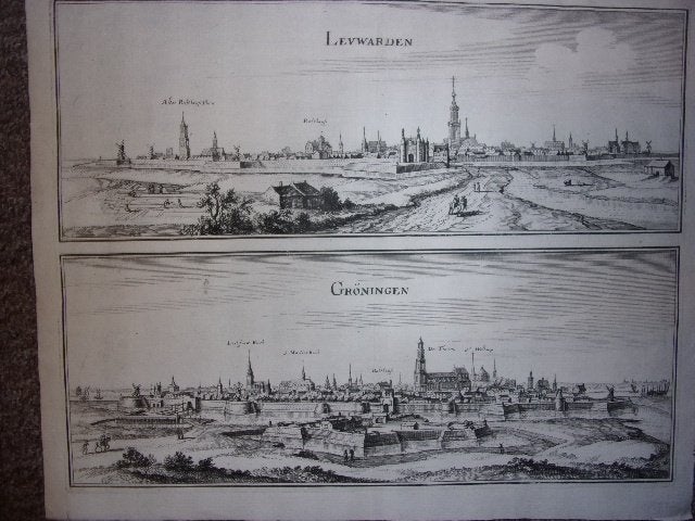 Groningen, Leeuwarden C.Merian-Levwarden / Gröningen 1659, Antiek en Kunst, Stadsgezicht, 27 cm, Gravure, 36 cm