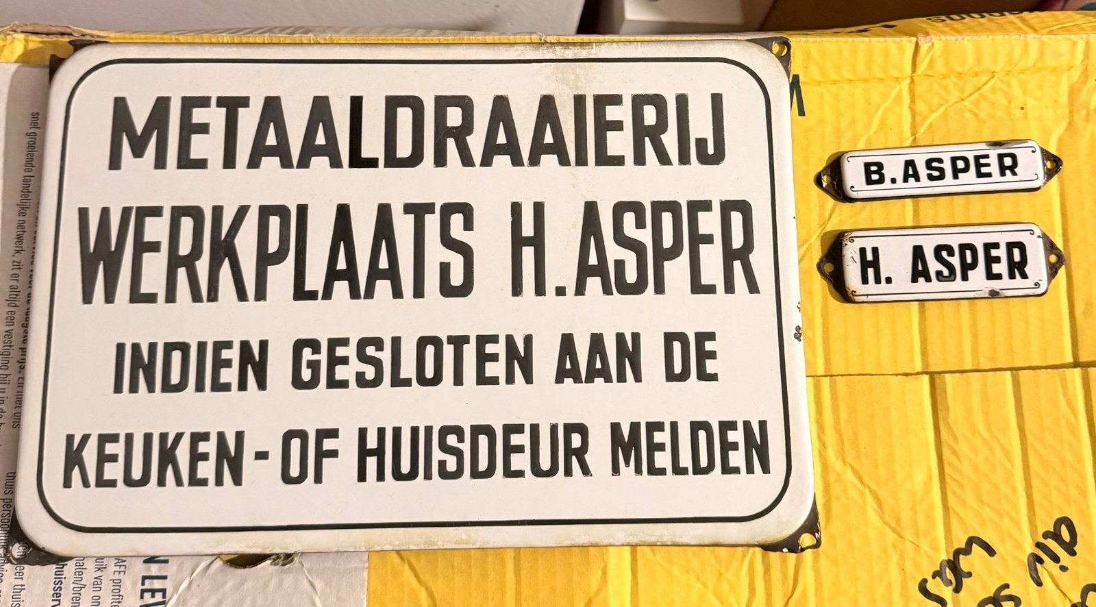 Emaille reclamebord metaaldraaierij Asper reclame bord, Verzamelen, Ophalen of Verzenden, Zo goed als nieuw, Reclamebord
