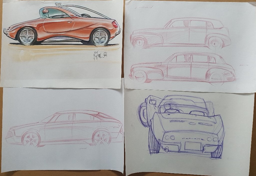 Originele schetsen: Capri, Lincoln, Corvette 90er jaren, 4x, Verzamelen, Posters, Verzenden, Rechthoekig Liggend, Zo goed als nieuw