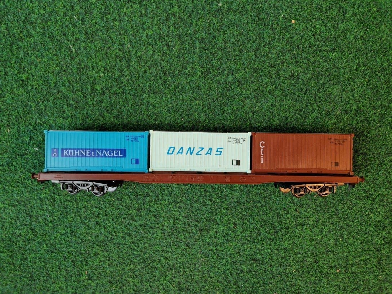 Lima Containerwagon met 3 containers Schaal 0, Overige merken, Wisselstroom, Gebruikt, Wagon