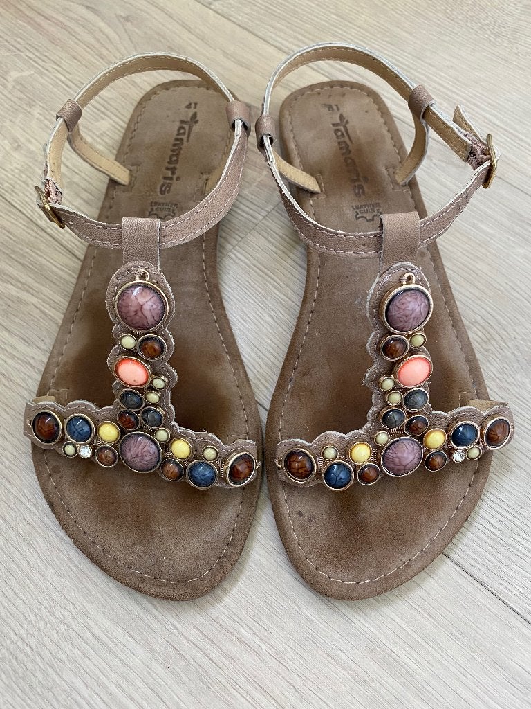 Nette TAMARIS sandalen beige leer met sierstenen mt. 41 Boho, Tamaris, Beige, Gedragen, Sandalen of Muiltjes