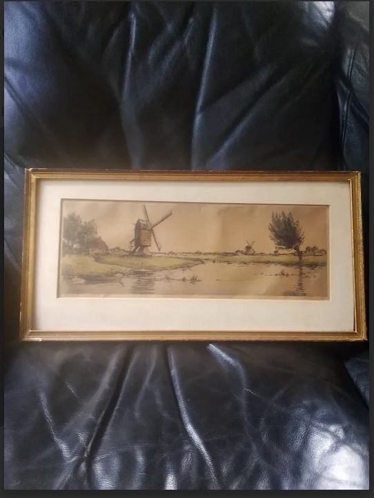 Kleurenets 'Polderland' van Antoon Hemert(1883-1944)gesignee, 25 cm, Ets, Gesigneerd, 50 cm