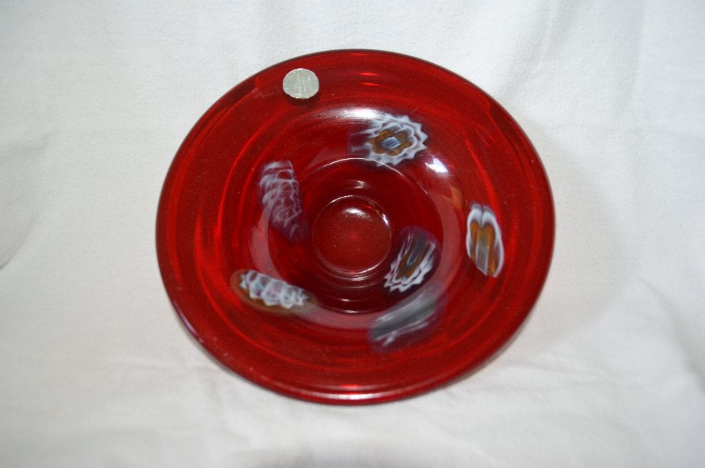 vintage Robijnrode Murano Glazen Schaal + Millefiori Bloemen, Ophalen of Verzenden