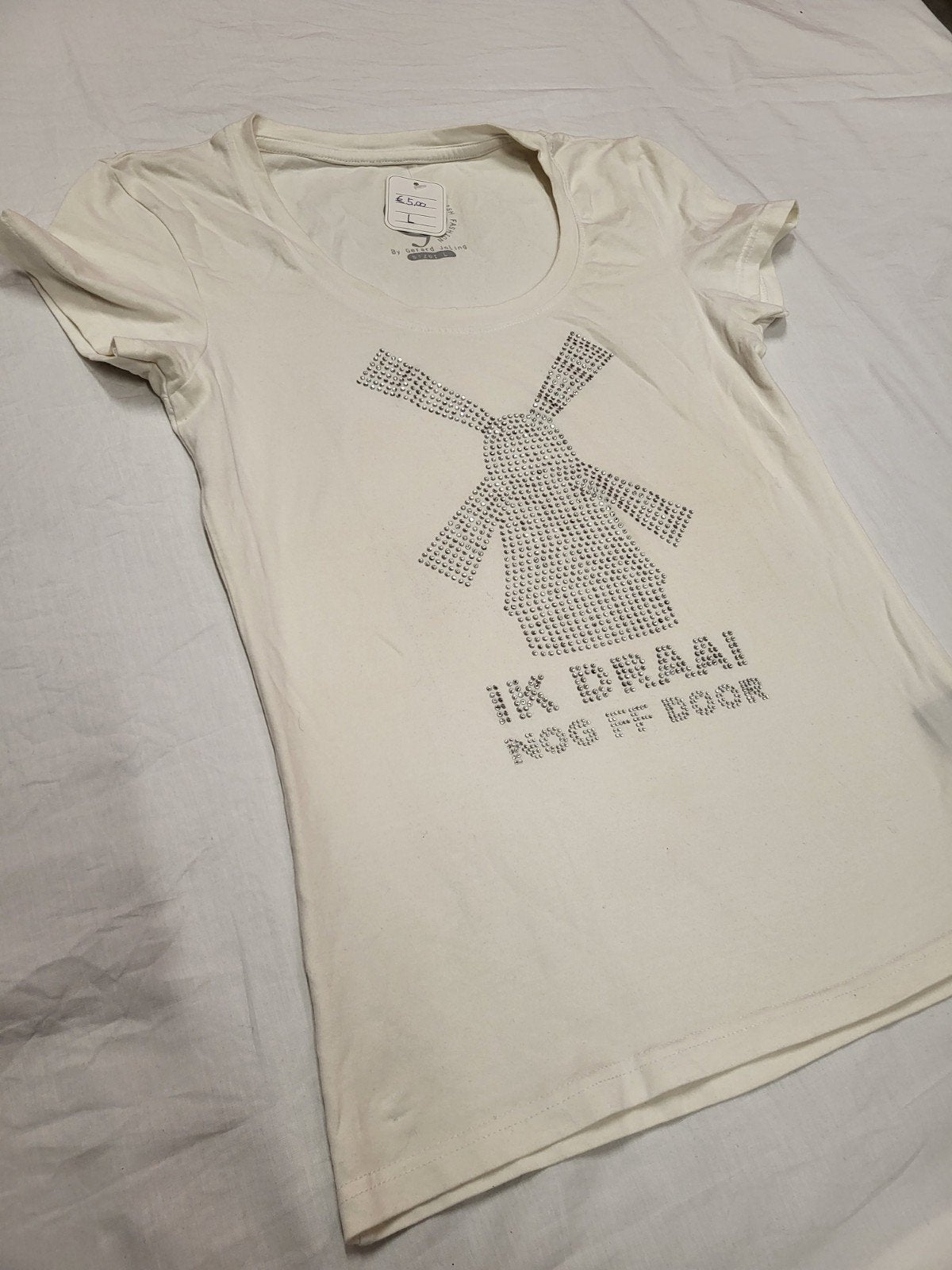 Gerard Joling T-shirt met molen en strass - Maat L, Kleding | Dames, Wit, Maat 42/44 (L), Ophalen of Verzenden, Zo goed als nieuw