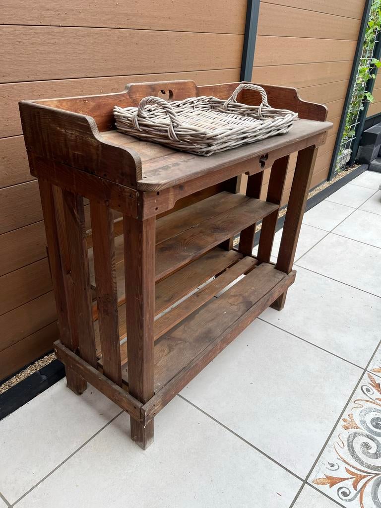 Vintage houten plantentafel / werkbank met 2 planken, Ophalen, Gebruikt