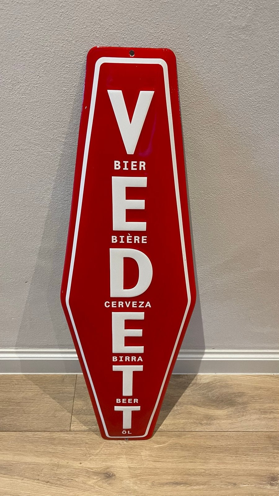 Vintage Vedett Bier Emaille Reclamebord - 71x22 cm, Ophalen of Verzenden, Zo goed als nieuw, Reclamebord