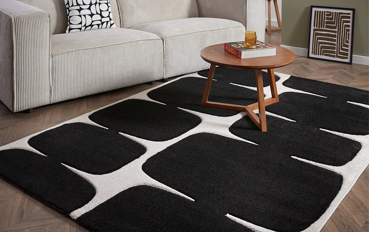 Modern zwart-wit vloerkleed Matane Kwantum, Ophalen, Zwart, 150 tot 200 cm, 200 cm of meer