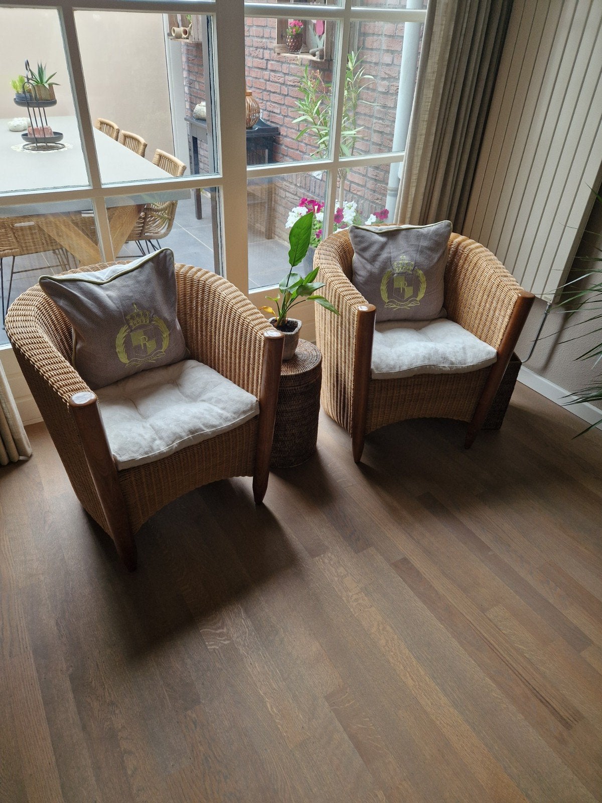 Twee rotan fauteuils met kussens, Gebruikt, Twee, Overige kleuren, Stof