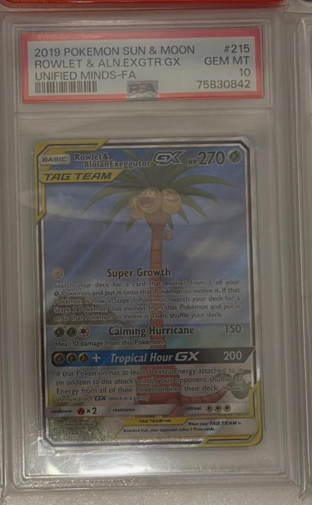 Rowlet & Alolan Exeggutor GX (Alternate Full Art) PSA 10, Ophalen of Verzenden, Zo goed als nieuw