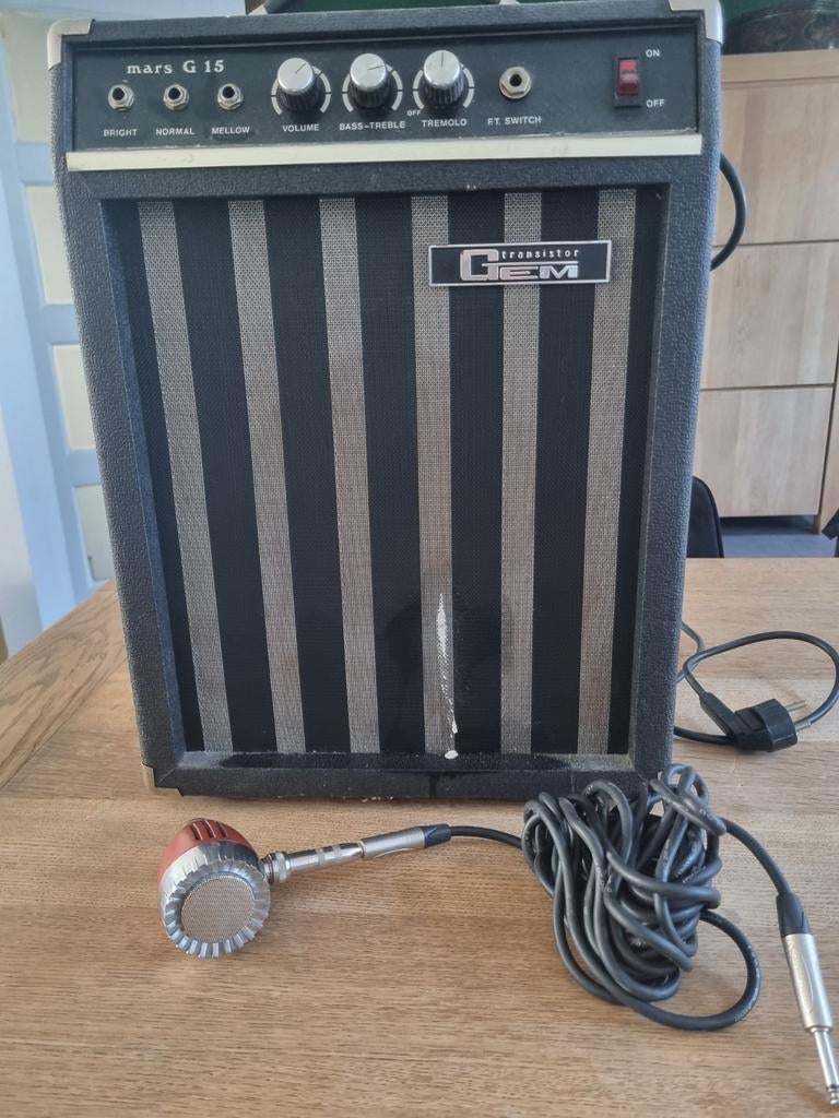Vintage GEM Mars G15 transistor gitaarversterker + microfoon, Ophalen, Gebruikt