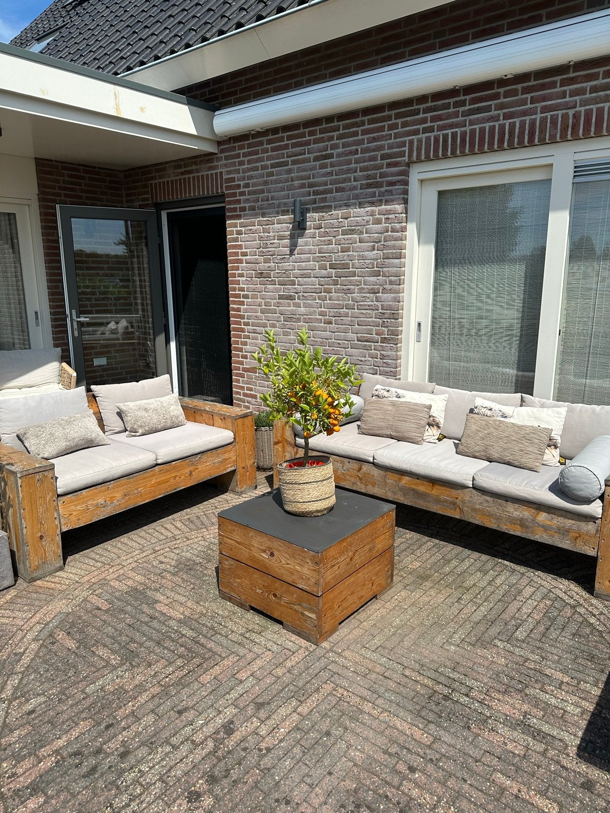 Loungeset van steigerhout met zitkussens, Tuin en Terras, Ophalen, 5 zitplaatsen, Gebruikt, Steigerhout