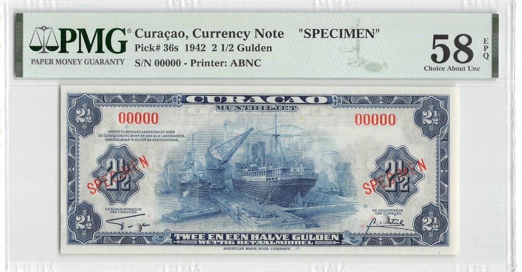 Curacao 2½ Gulden 1942 AUnc Specimen PMG 58 EPQ, Ophalen of Verzenden, Noord-Amerika, Los biljet