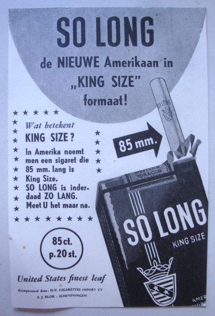 Sigaretten reclame uit 1956 So Long King Size 85 mm sigaret, Ophalen of Verzenden, Zo goed als nieuw, Overige typen