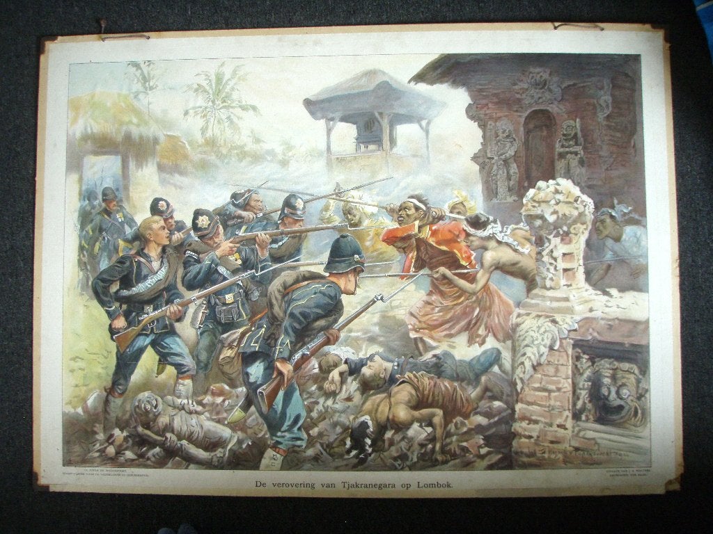 Schoolplaat uit 1911 KNIL Tjakranegara in Lombok, 1894, Antiek en Kunst, Antiek | Schoolplaten, Ophalen, Aardrijkskunde