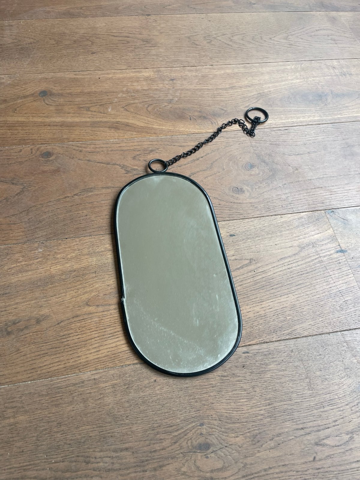 Ovale spiegel met ketting - Zwart metaal, Ophalen, Minder dan 50 cm, Gebruikt, Minder dan 100 cm
