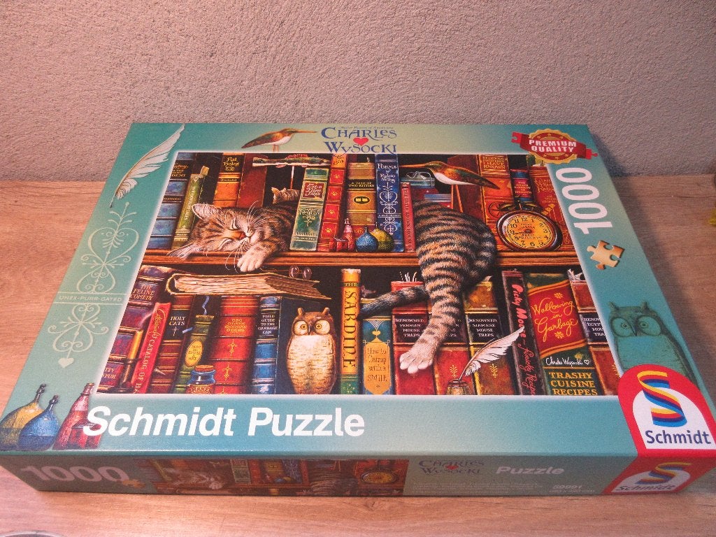 Schmidt puzzel met poes boeken en uil, Ophalen of Verzenden, 500 t/m 1500 stukjes, Gebruikt
