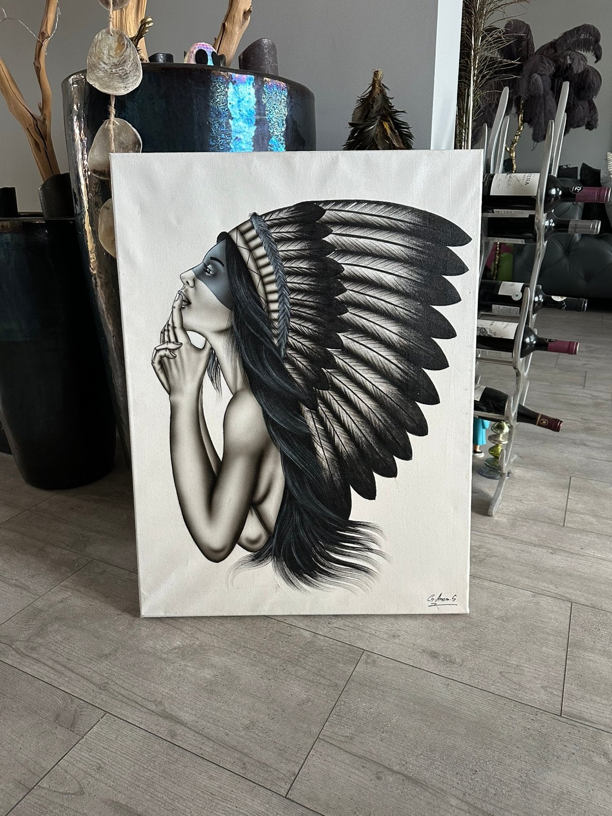 Schilderij / print vrouw met indianen tooi , op Canvas, Ophalen, Gebruikt, Print, 75 – 100
