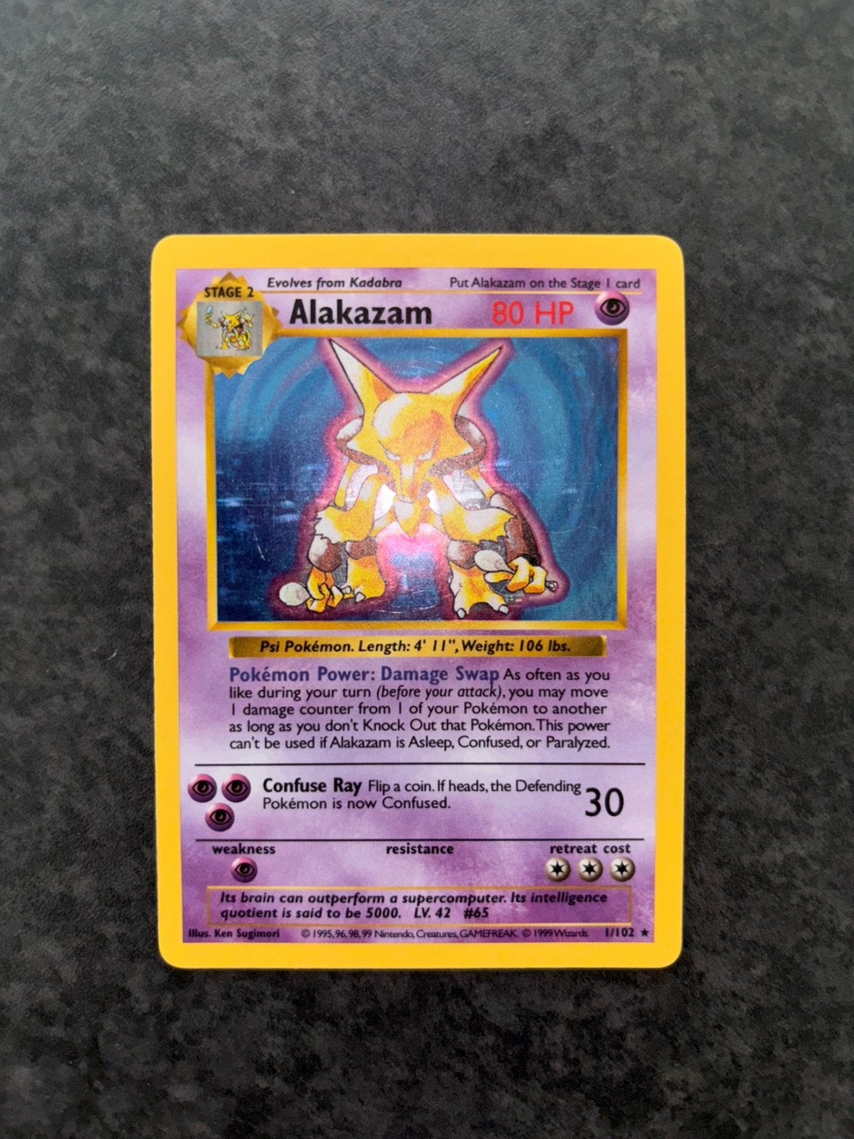 Alakazam 1/102 shadowless Pokémon Kaart (Base Set), Ophalen of Verzenden, Gebruikt, Losse kaart, Foil