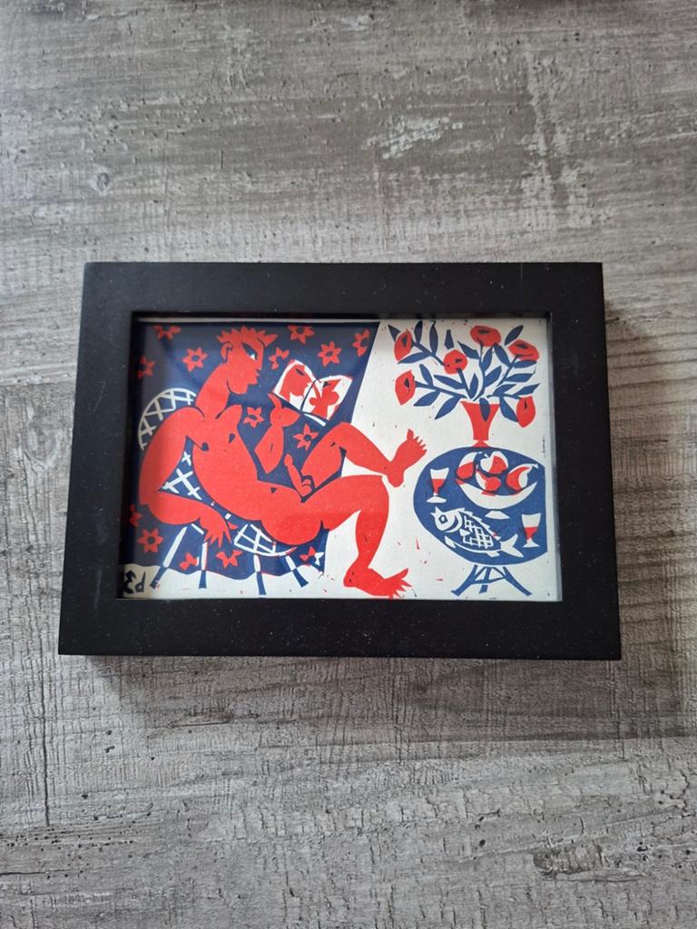 Eddy Varekamp - Lino print 'Lezende man' 17.5 bij 13, Ophalen of Verzenden