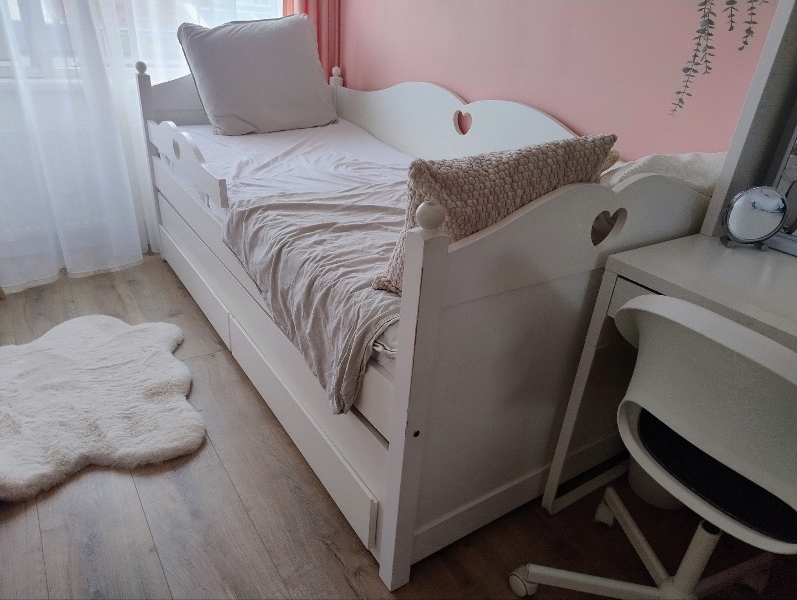 Wit eenpersoons bed met uitschuifbaar bed met opberglades, Eenpersoons, Wit, 80 cm, Overige maten