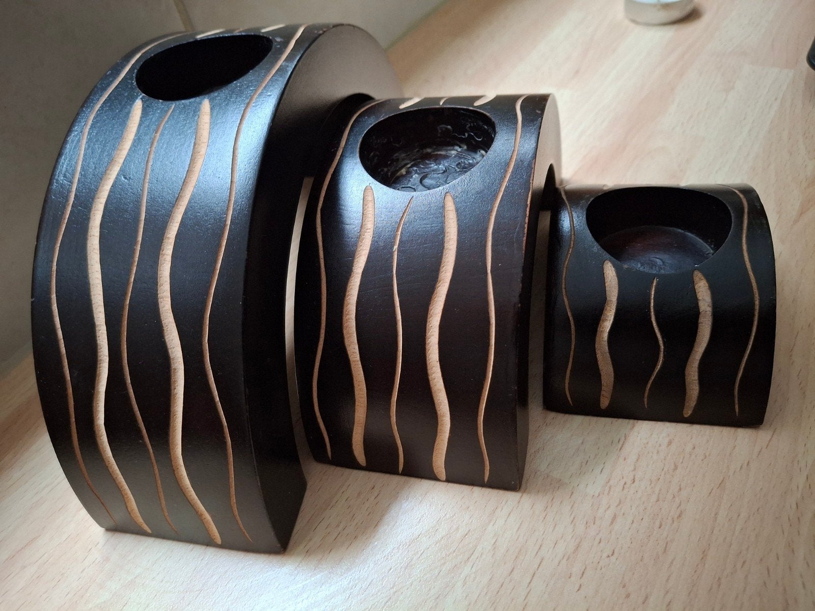 Mooie set houten theelicht houders, Ophalen of Verzenden, Gebruikt
