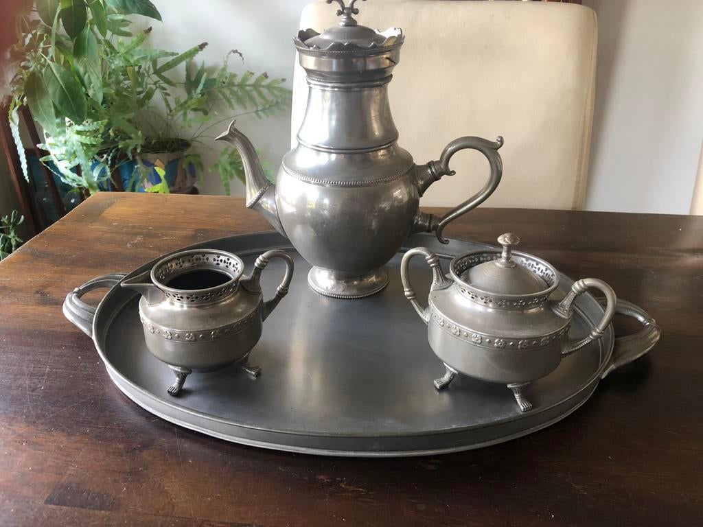 Mooi bewerkte koffieset met dienblad van nikkel Daalderop, Antiek en Kunst, Antiek | Tin, Ophalen of Verzenden