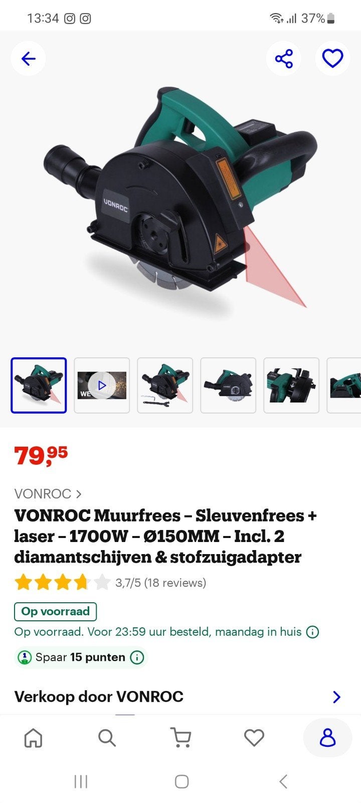 VONROC Muurfrees - Sleuvenfrees met laser - 1700W, 70 mm of meer, Overige typen, Zo goed als nieuw, 1200 watt of meer